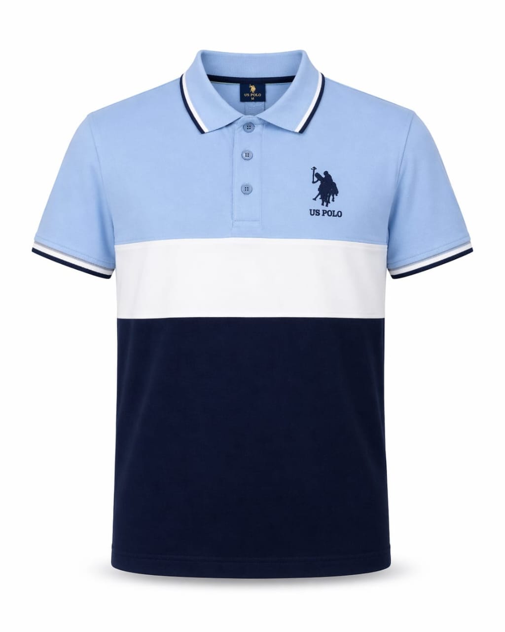 IMG-20260711-WA0009.jpg Men's Premium Color Block Polo T-Shirt | Soft Cotton Half Sleeve US Polo Style Men's Polo Shirt | Sky Blue White Navy Color Block - Image 1